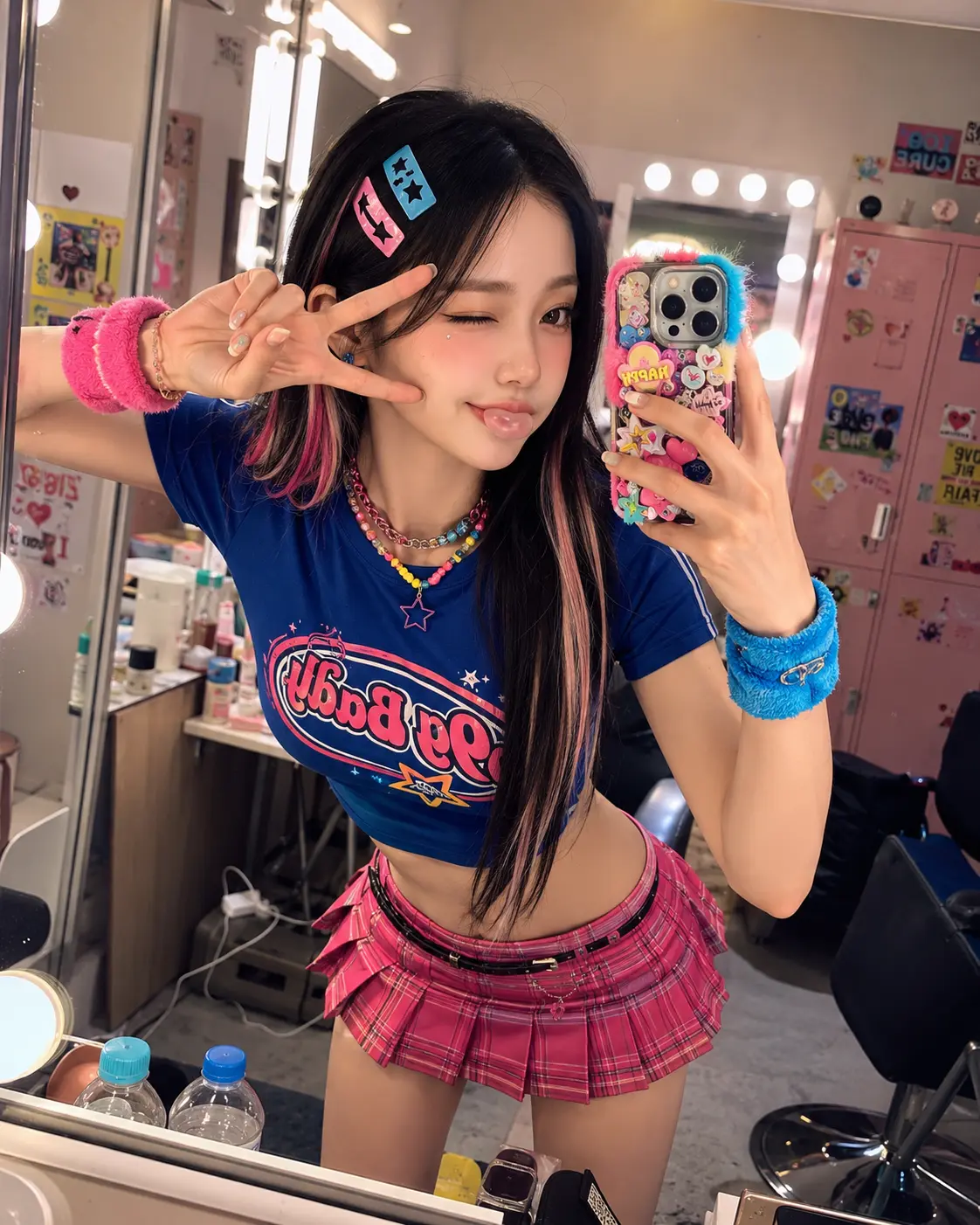 Playful K-Pop Idol Mirror Selfie in a Colorful Y2K Dressing Room