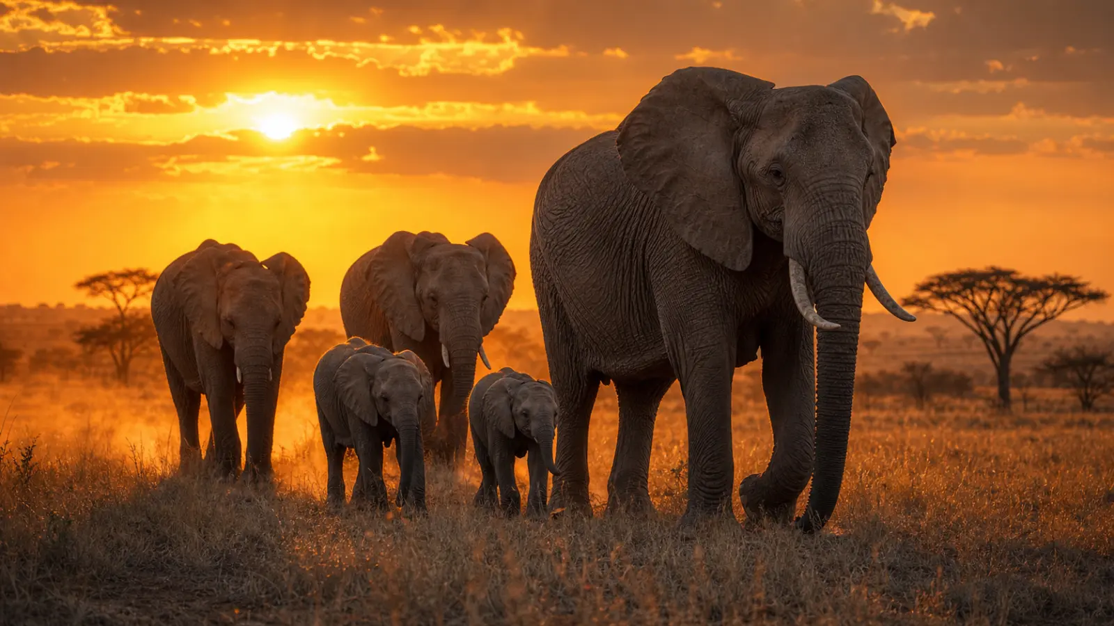 Elephant family at sunset