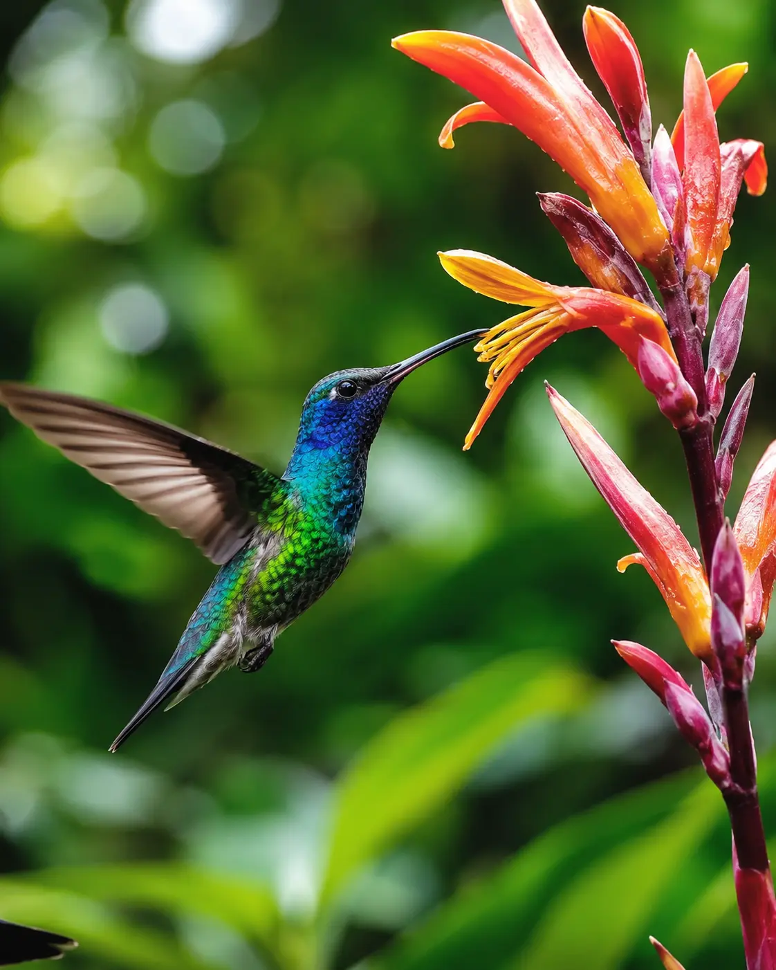 Hummingbird by tropical flowers