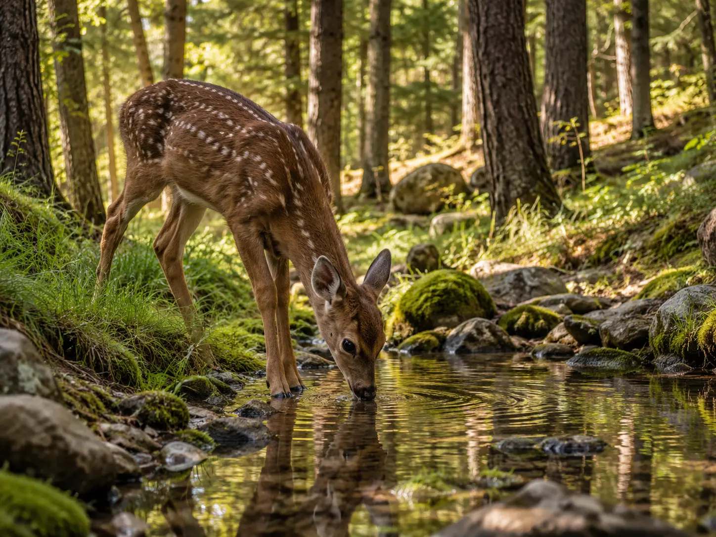 Deer by a forest stream