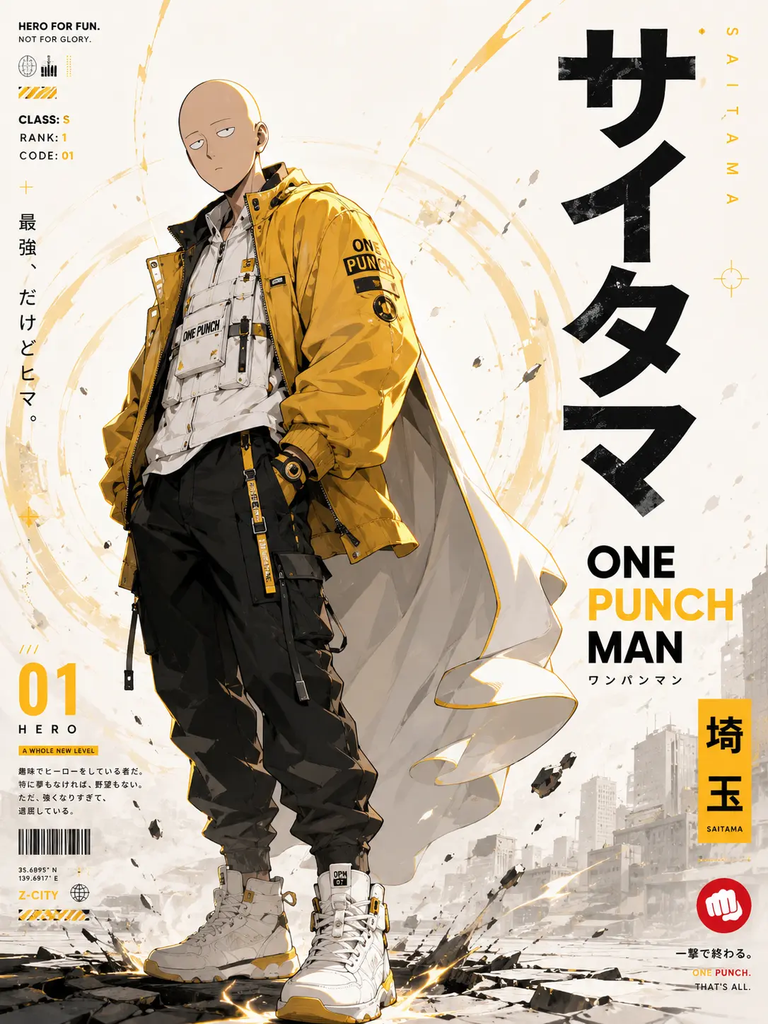 Saitama Streetwear Techwear Anime Poster Prompt