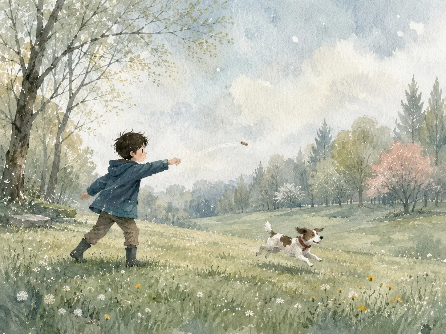 Springtime play in a misty meadow