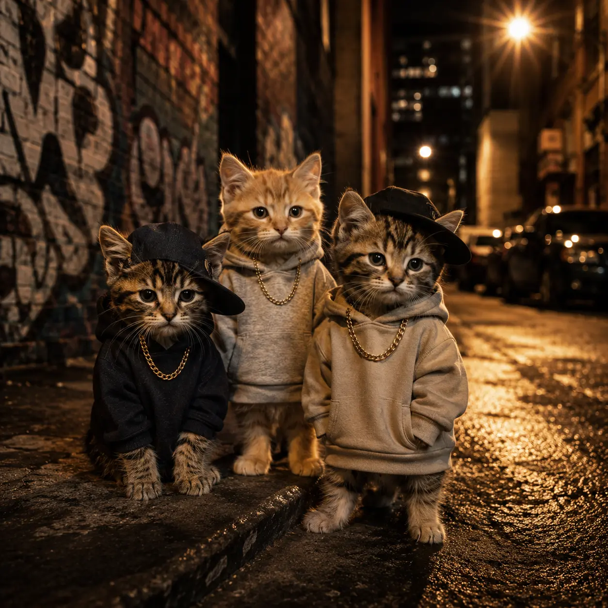 Streetwear kittens in urban alleyway