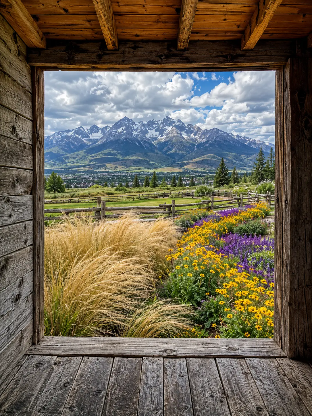 Framed mountain view through rustic cabin