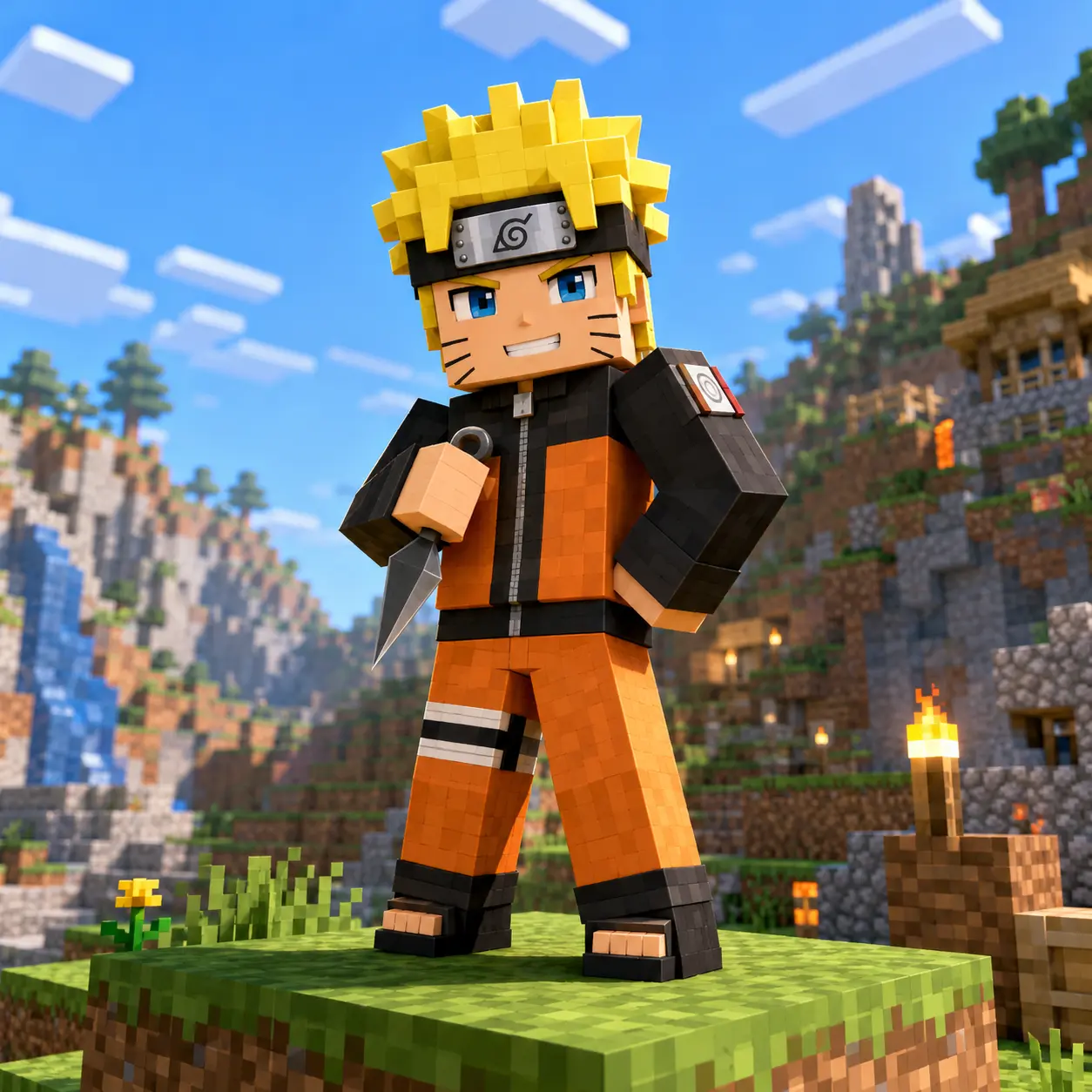 Voxel ninja in a Minecraft village