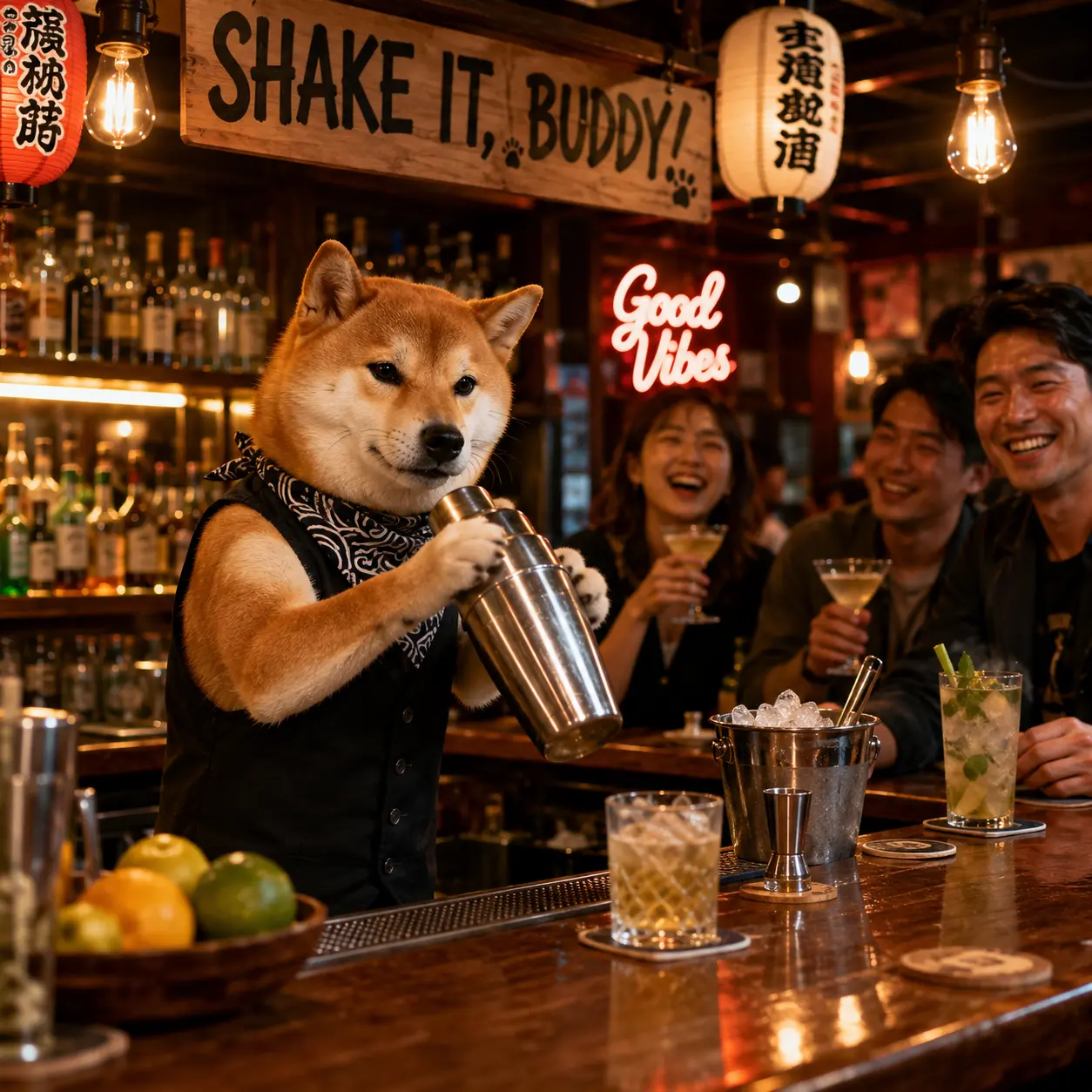 Shiba Inu bartending at lively bar