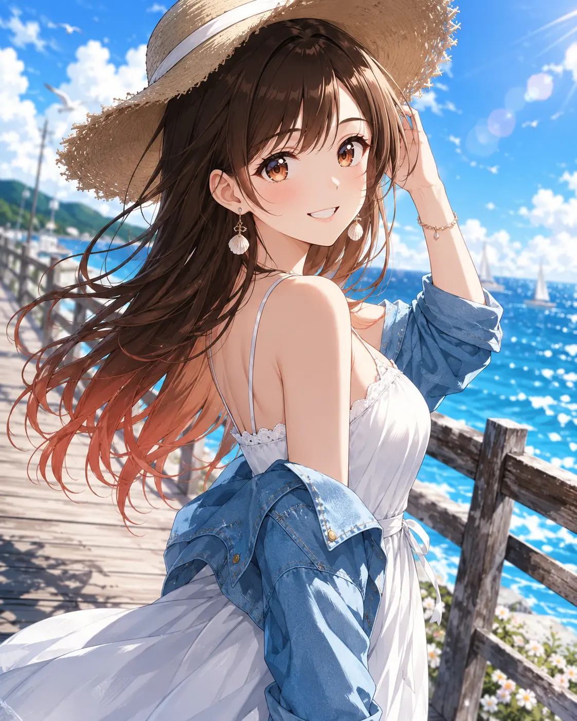 Sunny seaside stroll under clear skies