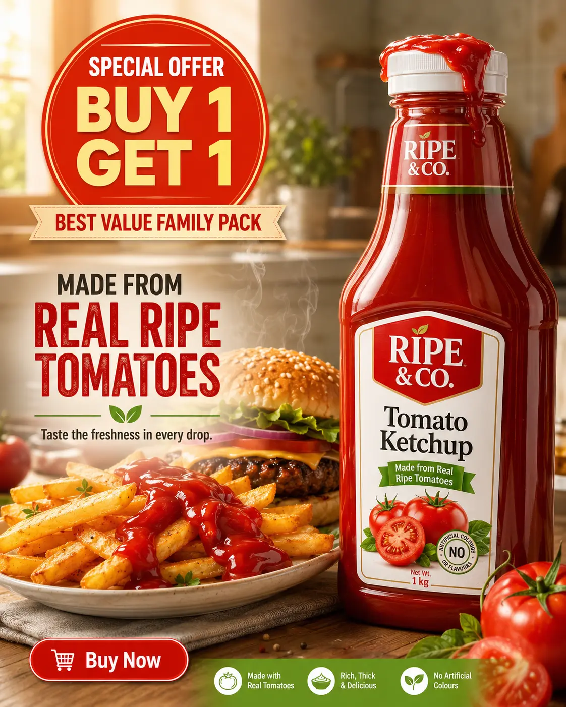Ketchup promo with fresh burger and fries
