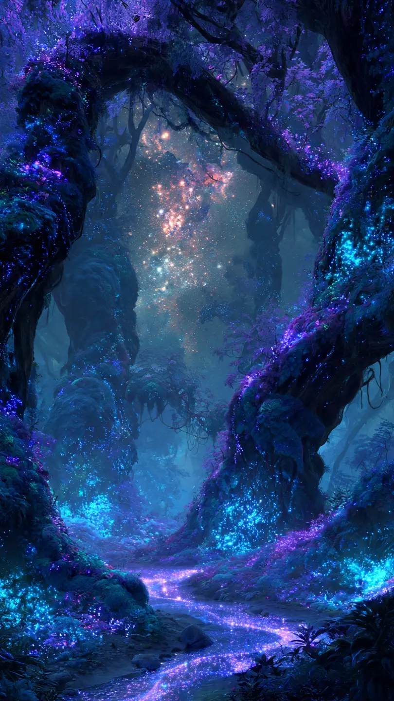 Bioluminescent forest at night