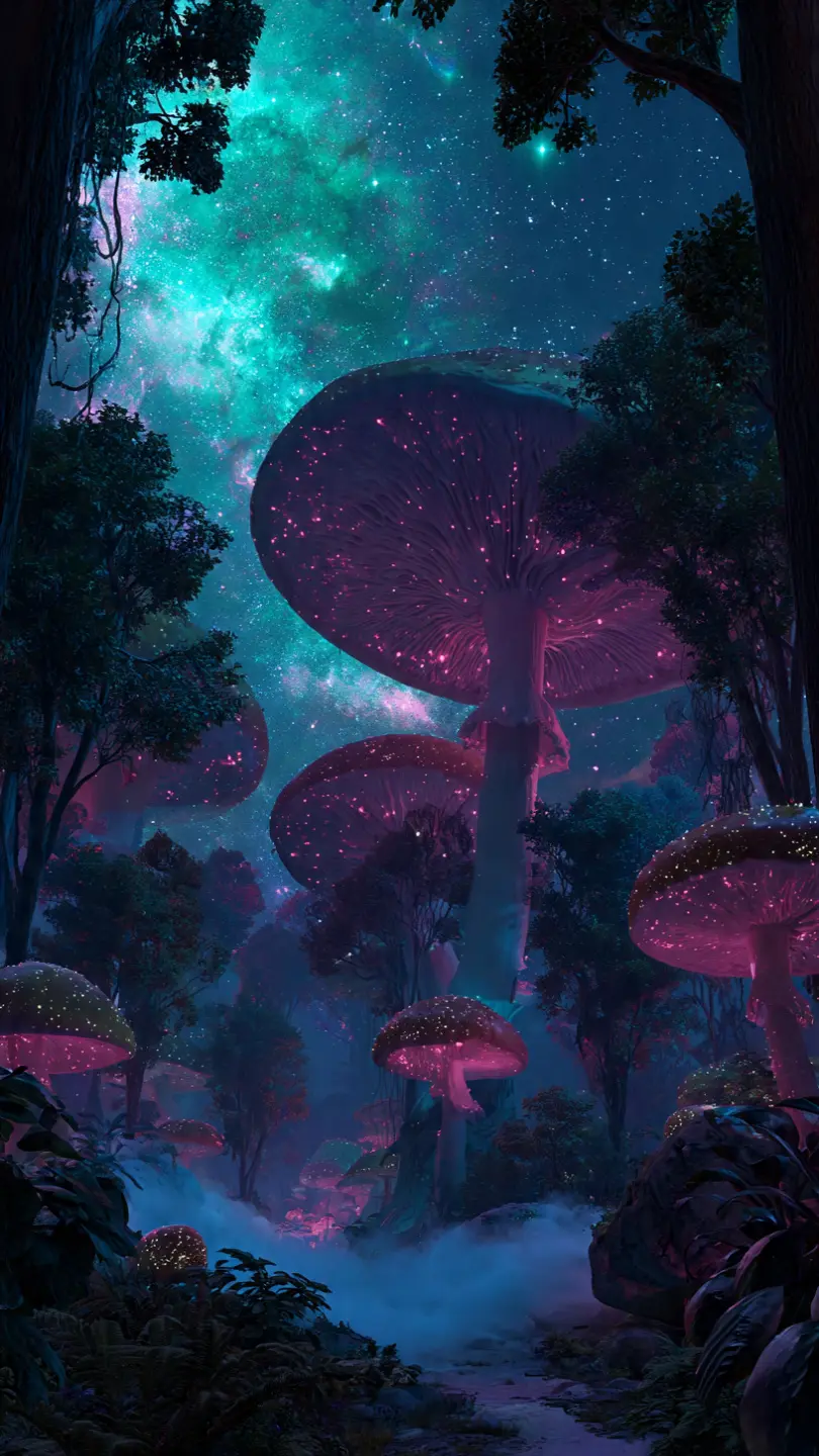 Glowing Mushrooms Under a Cosmic Sky