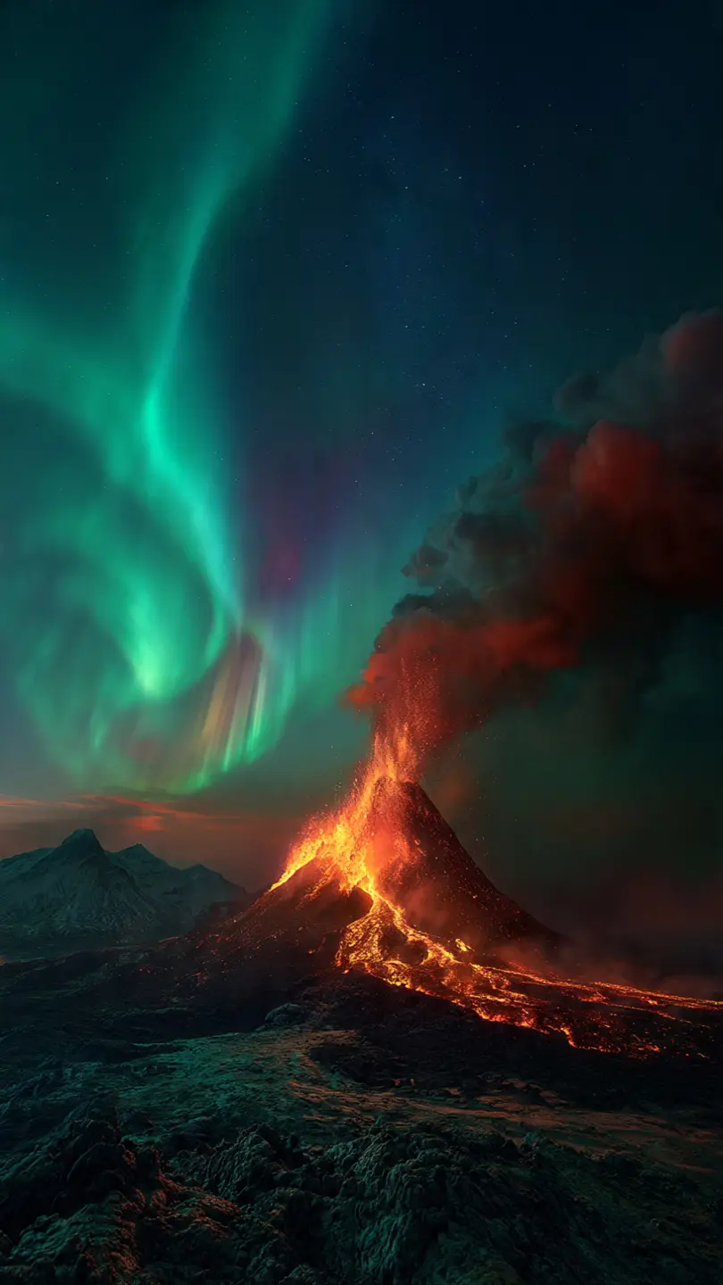 Volcano Meets the Northern Lights