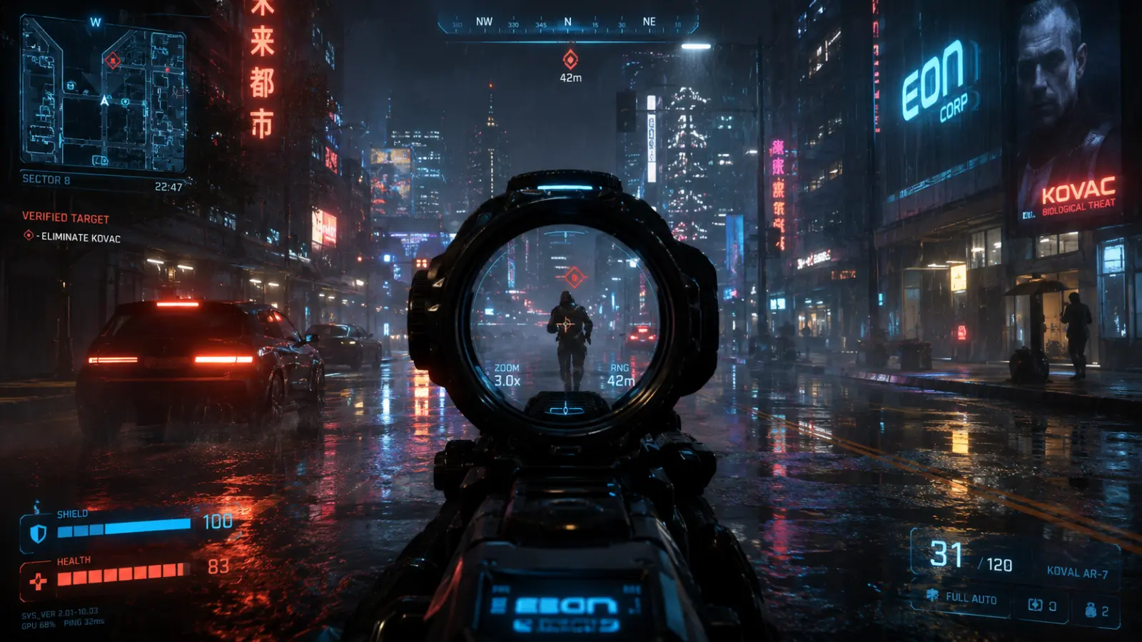 Neon rain chase in Sector 8