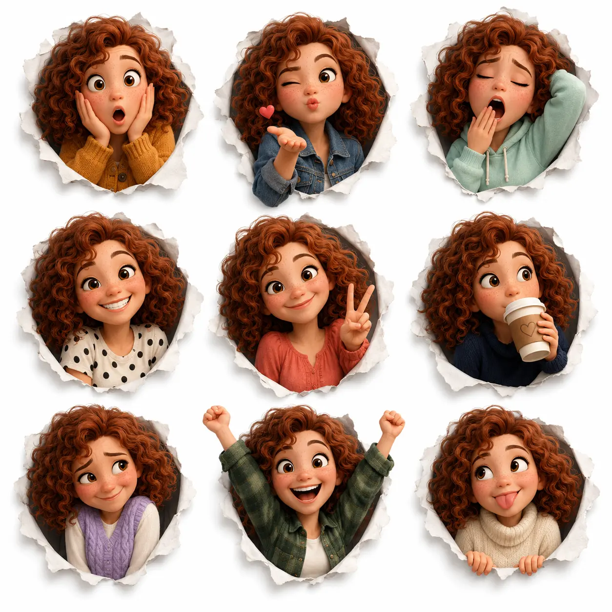 Animated character sticker sheet on white