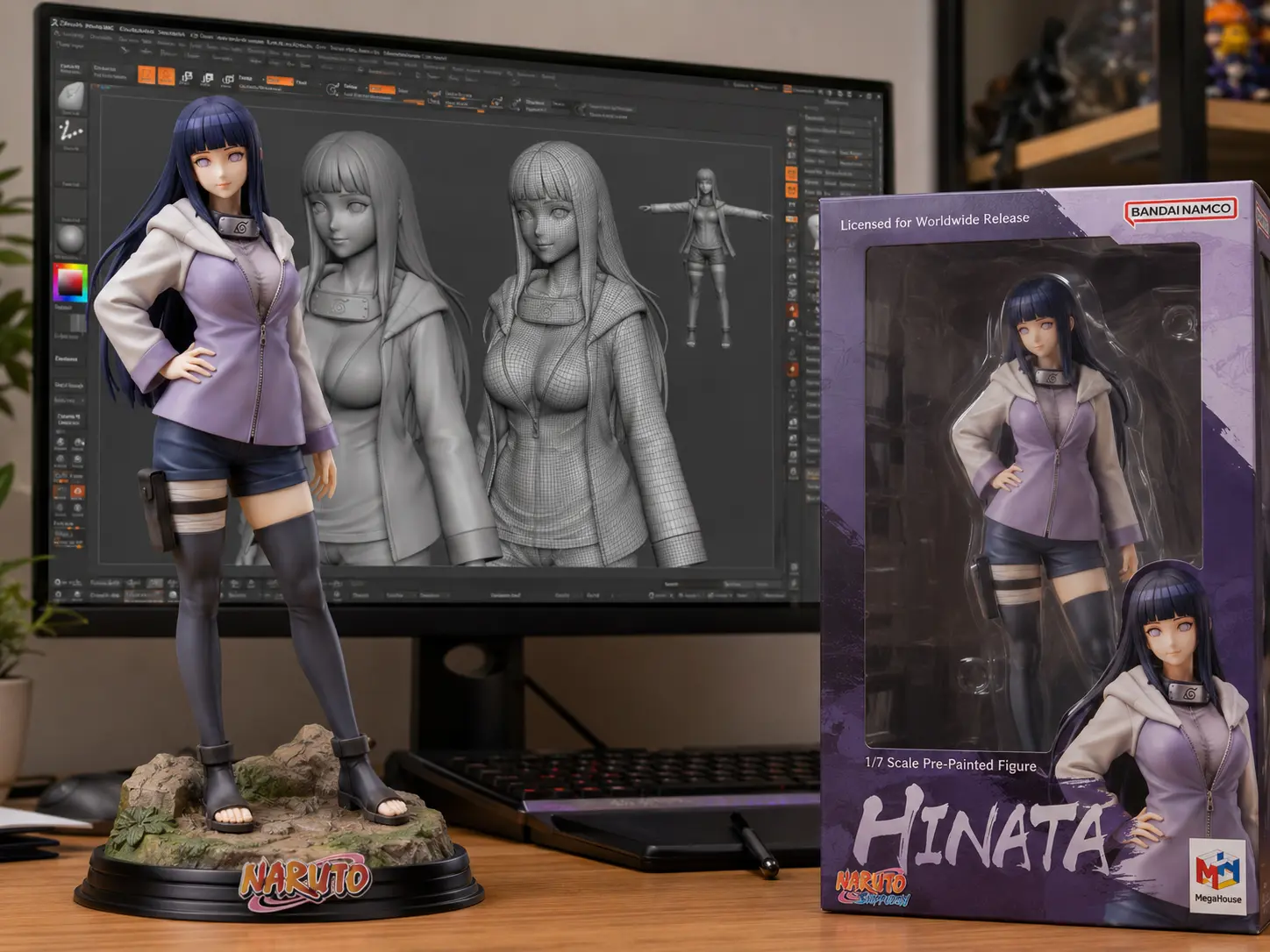 Anime figure and 3D sculpting workspace