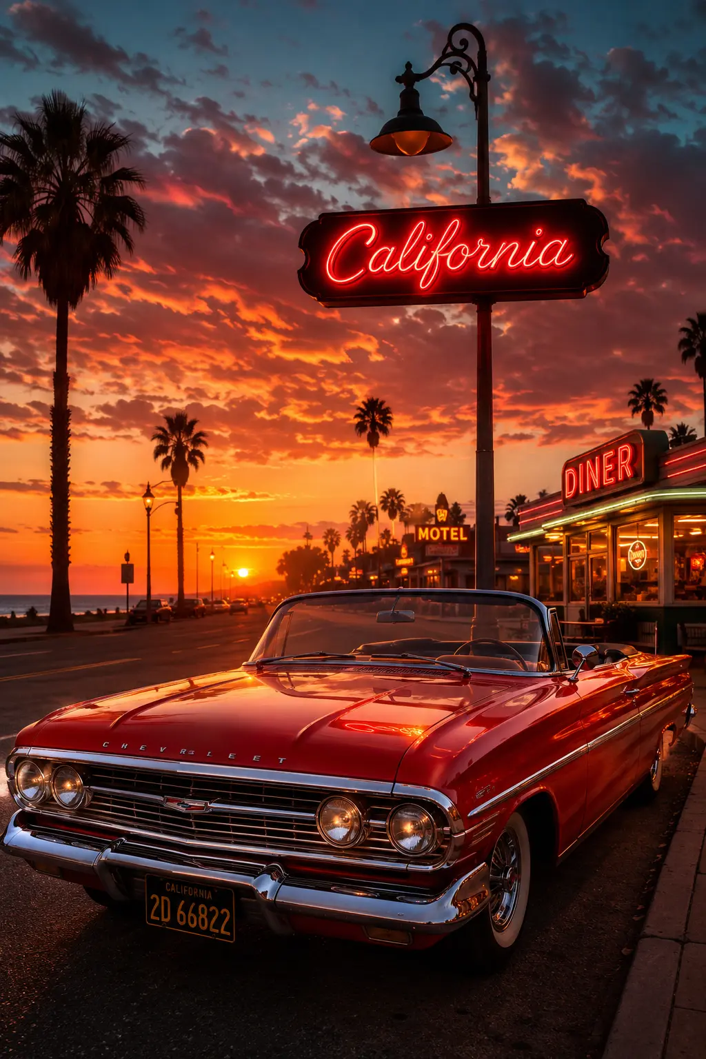 Vintage California street at sunset
