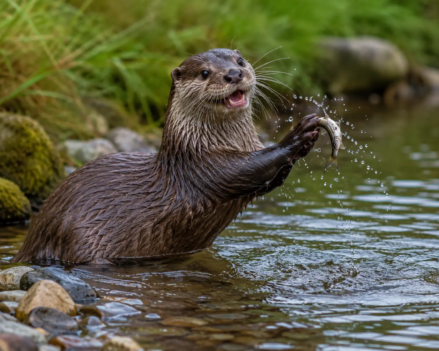 Otter with fish in splashing hunt