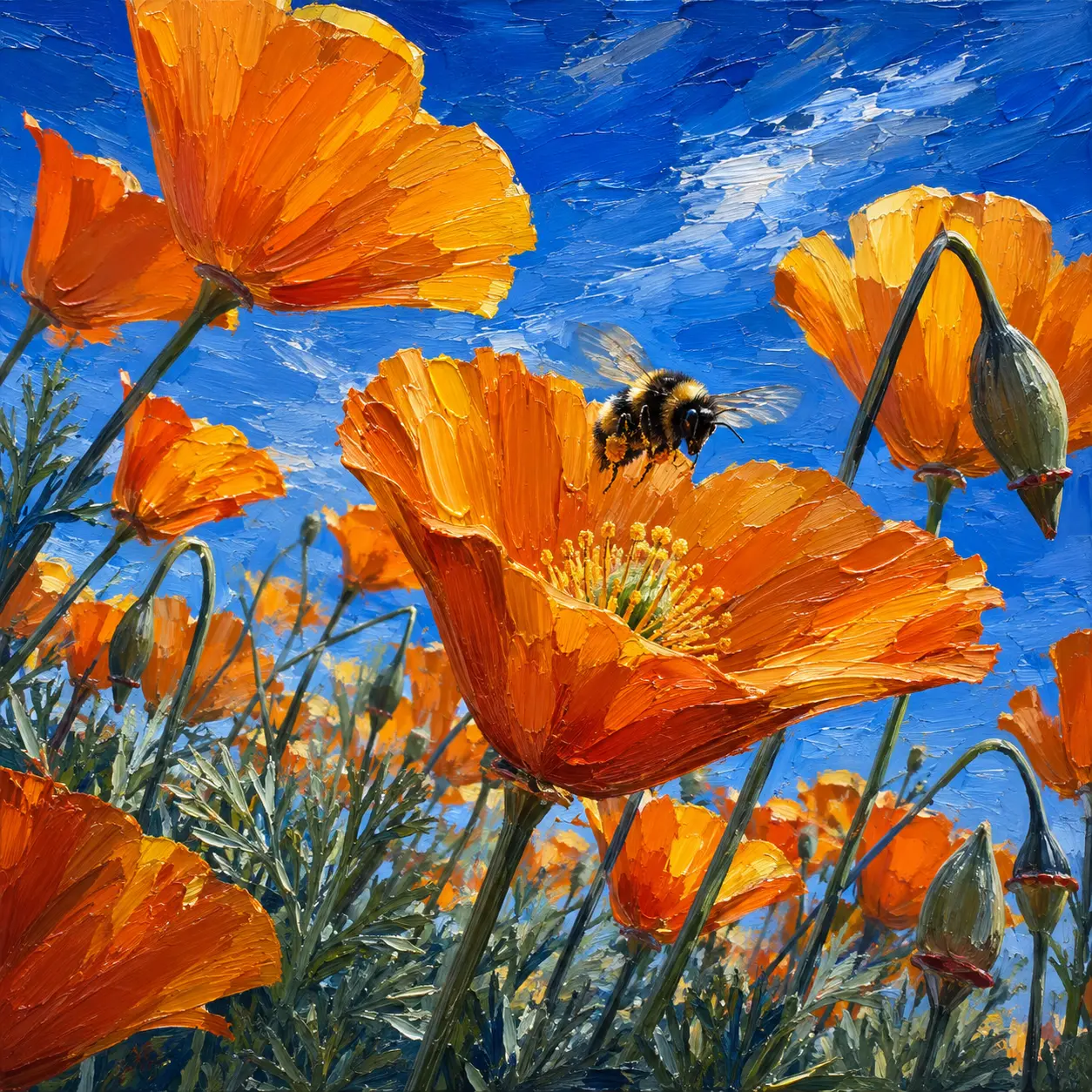 Impasto Poppies and Pollen-Hunting Bumblebee