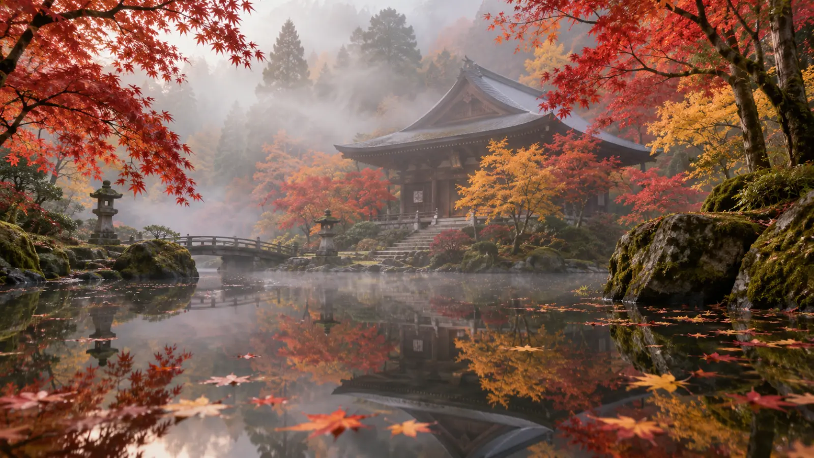 Misty Autumn Temple Reflection