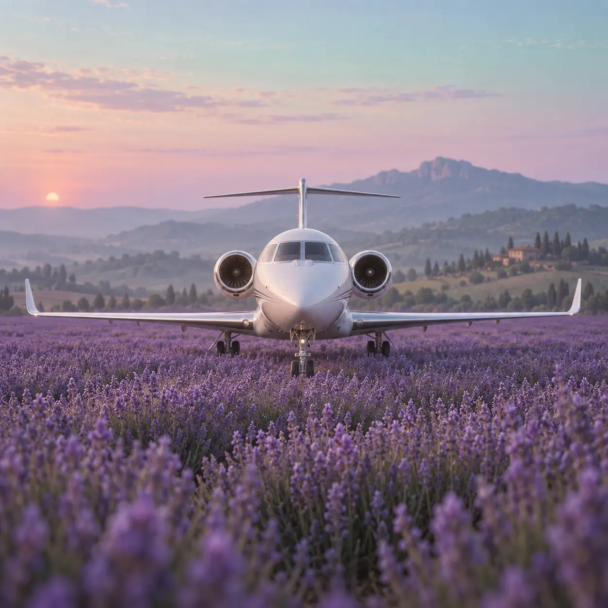 Private Jet Over Lavender Fields