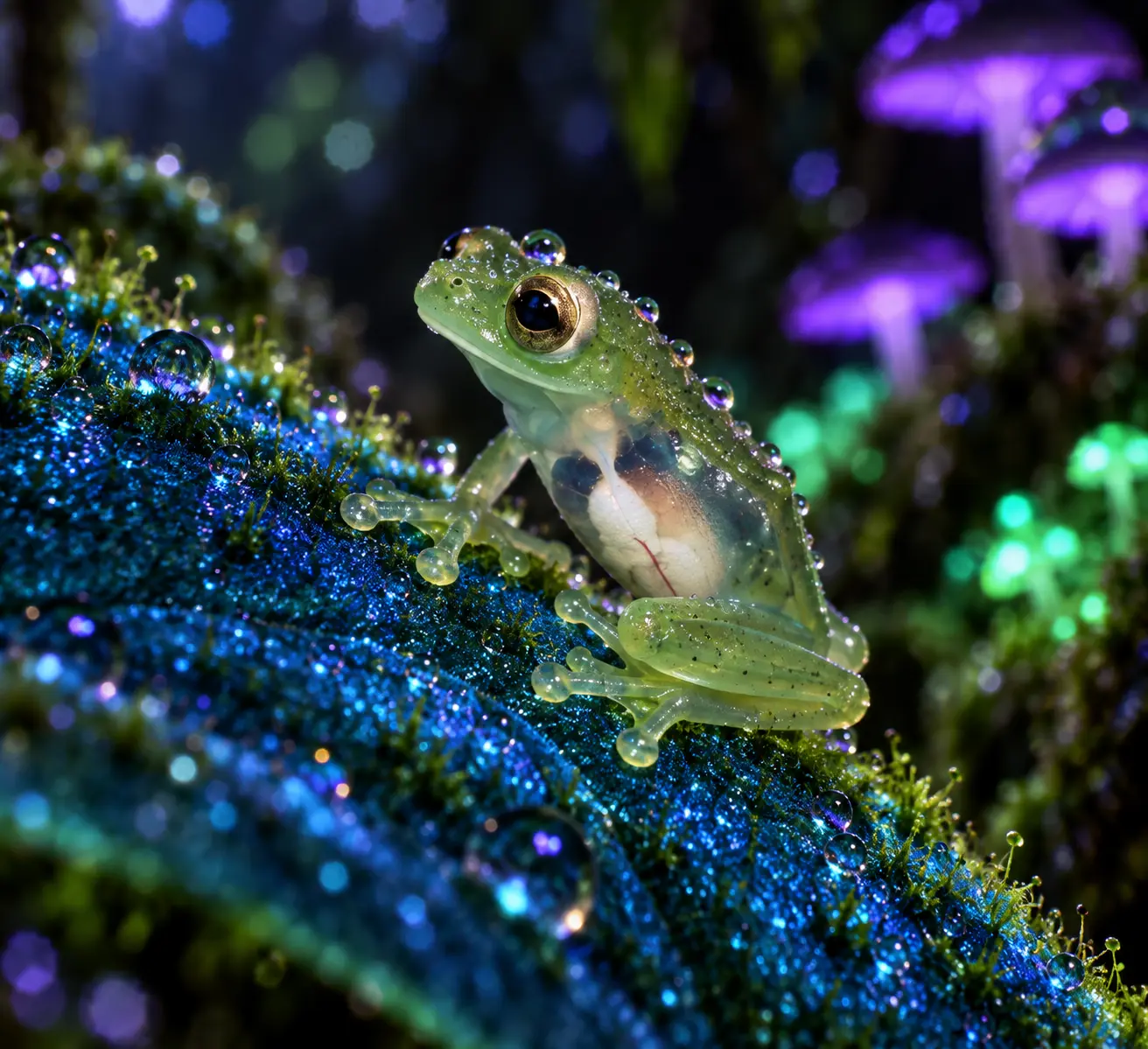 Bioluminescent Glass Frog on Dewy Moss