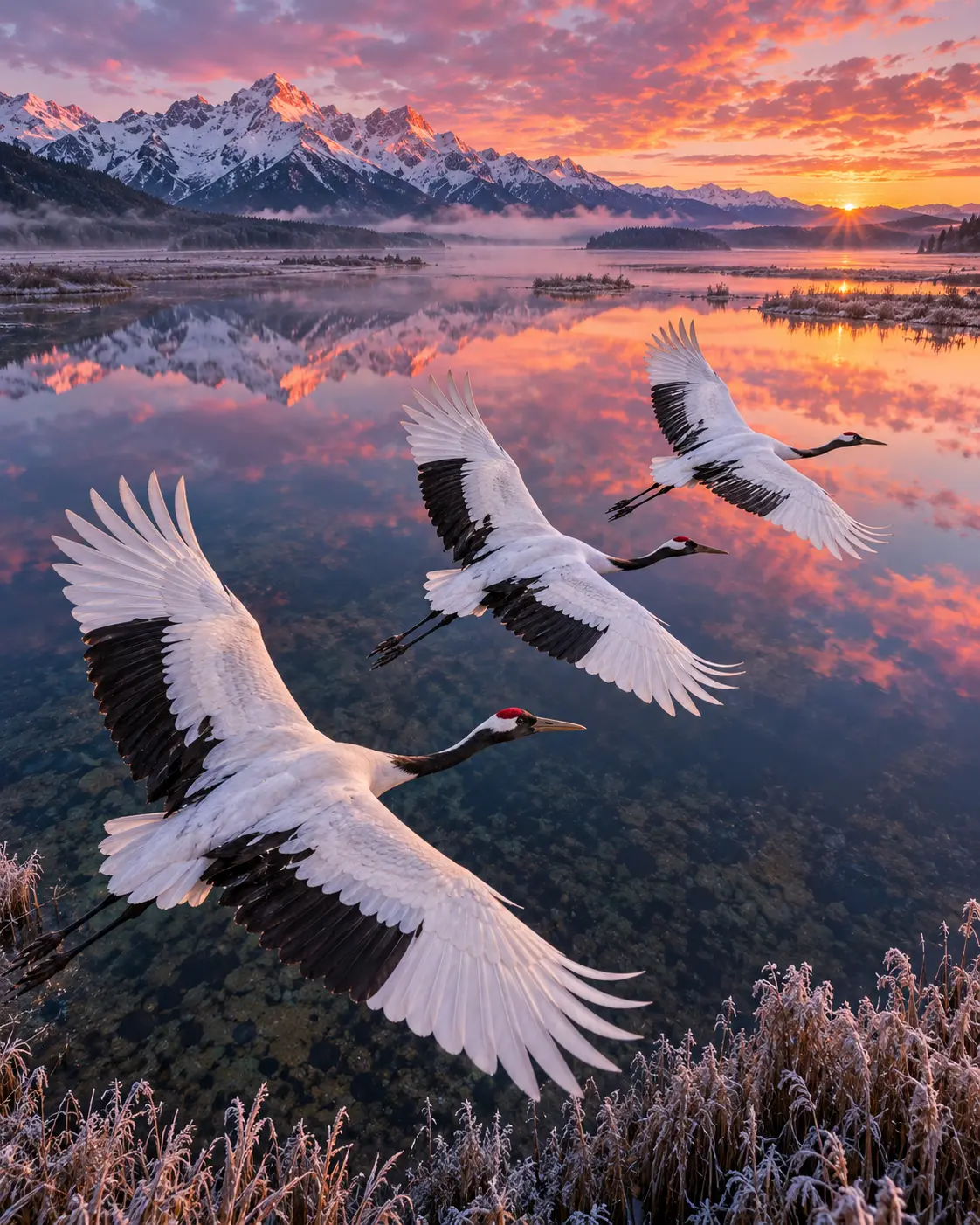Cranes Over a Frozen Alpine Wetland