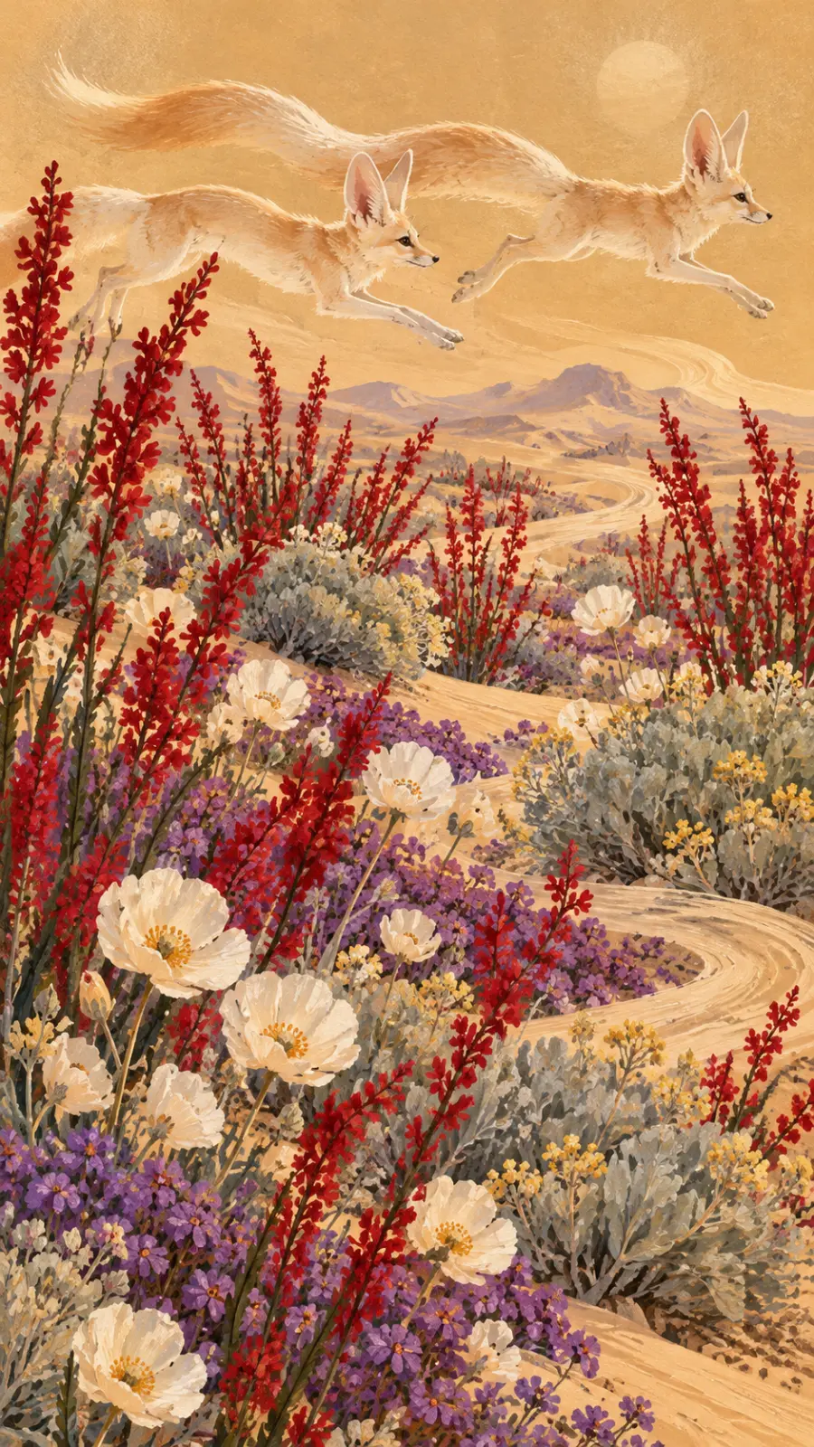 Fennecs Leaping Over Wildflower Dunes