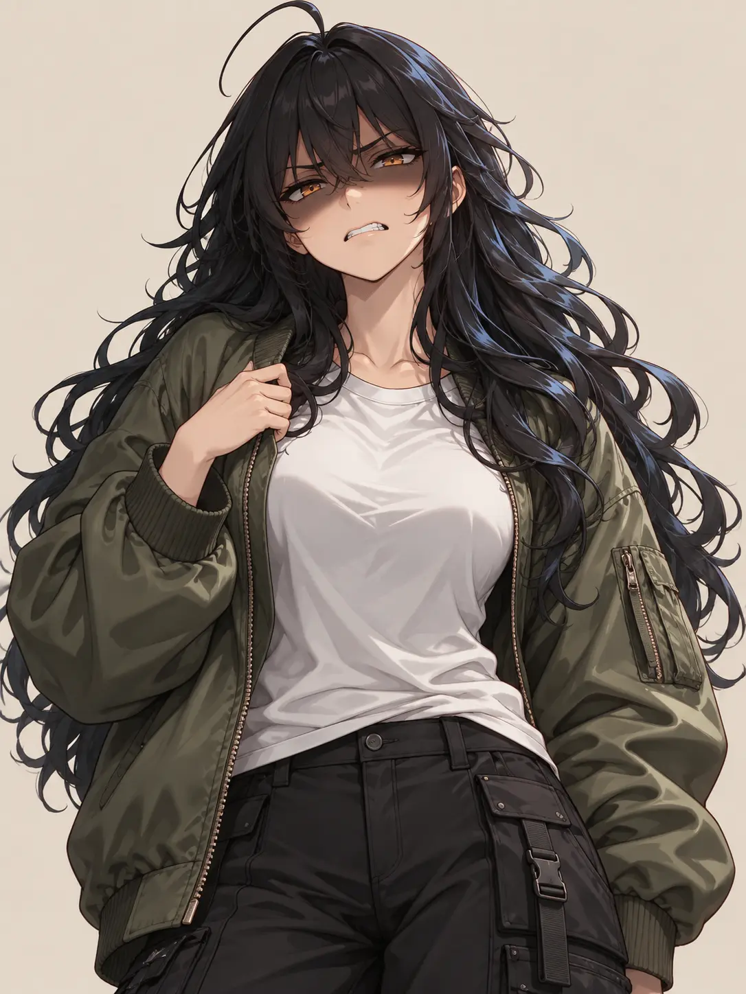 Disdainful Rebel in Olive Bomber
