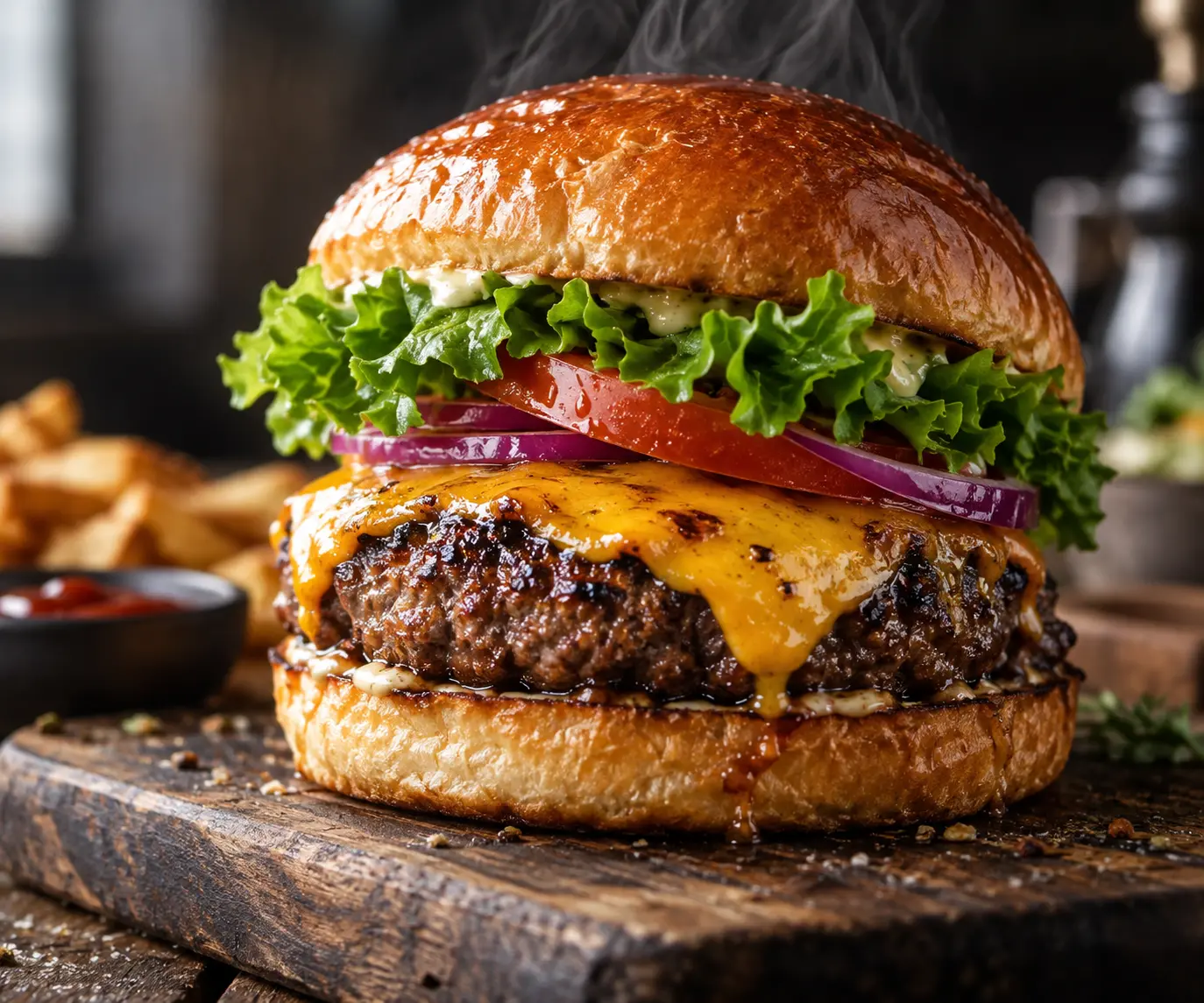 Steaming Gourmet Cheeseburger Feast