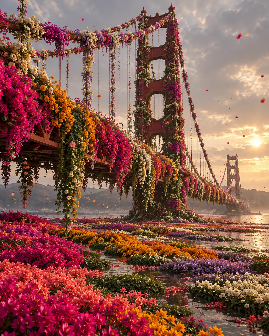 Blossom-Covered Bridge at Golden Hour