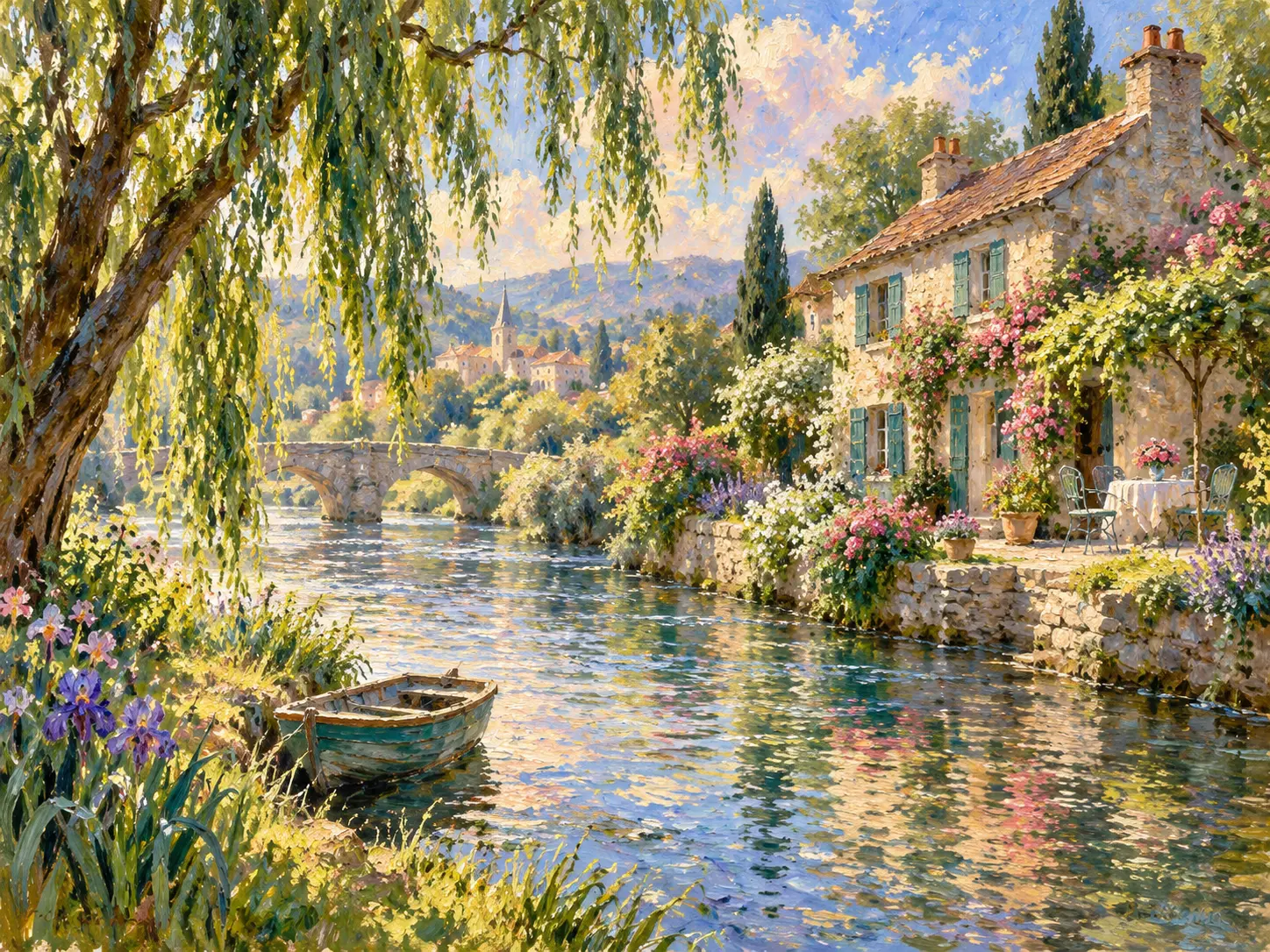 Sunlit Impressionist Riverbank Cottage