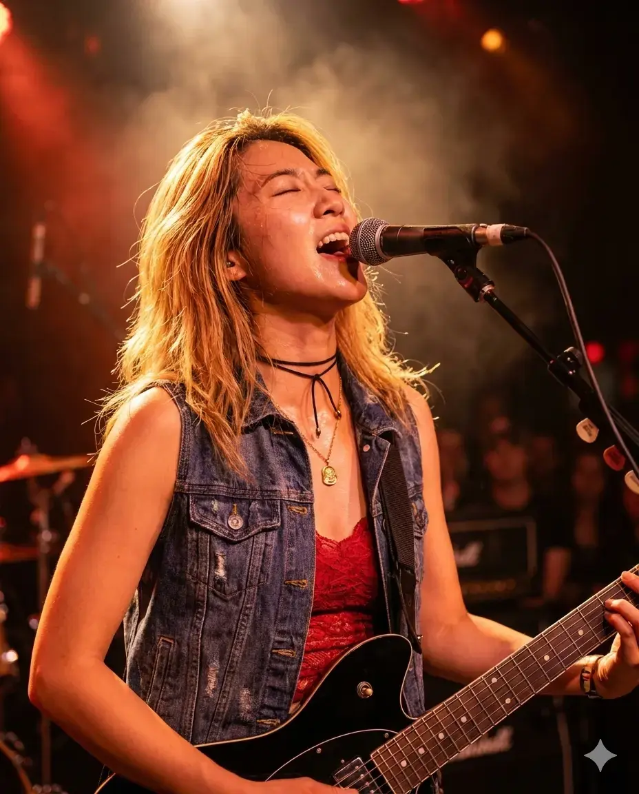 Female Rock Musician Performing Live on Stage with Guitar