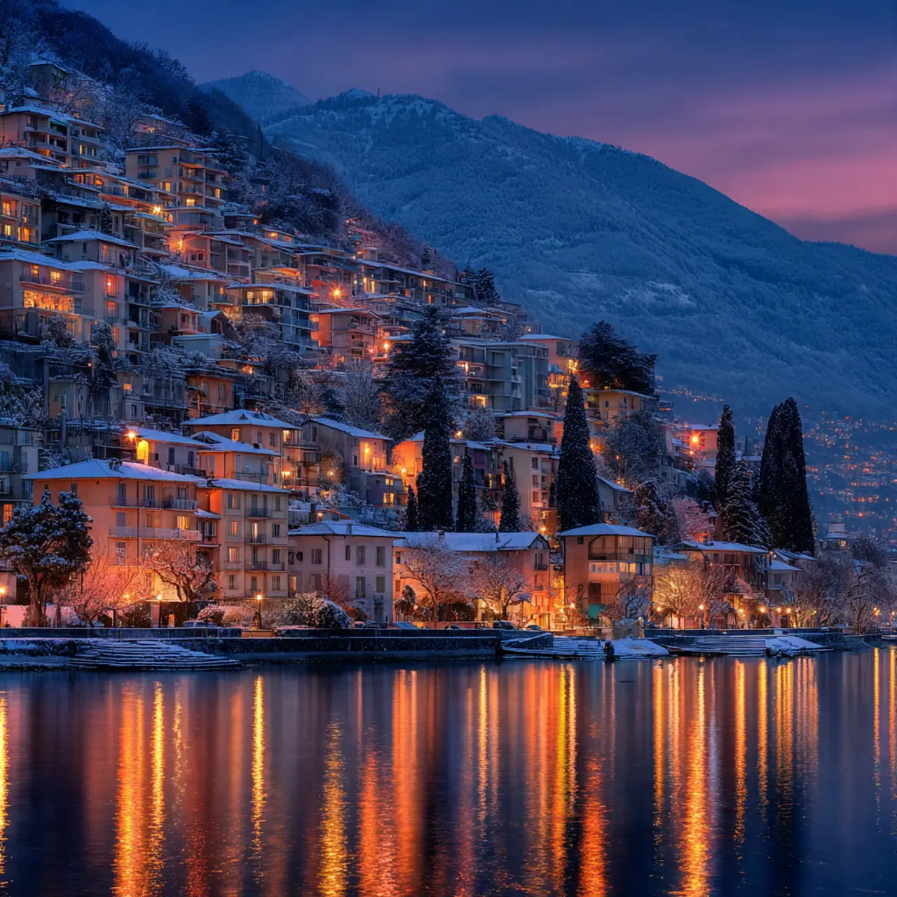 Winter Dusk Over a Lakeside Town