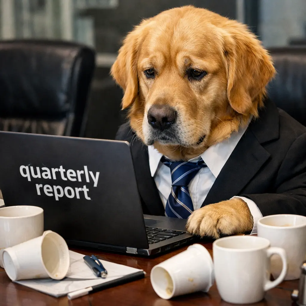 Stressed pup at work meeting