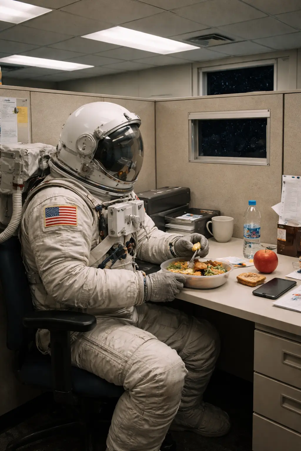 Astronaut's lunch break in space office