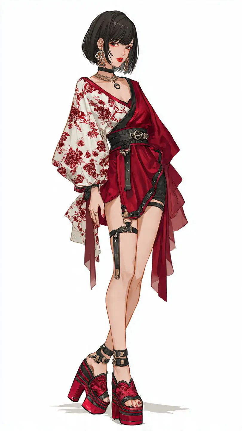 Red Gothic Kimono Fusion Character Design