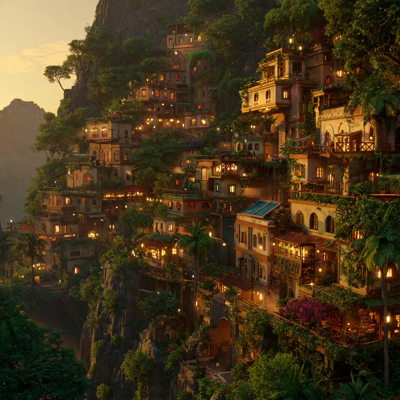 Lush solarpunk village