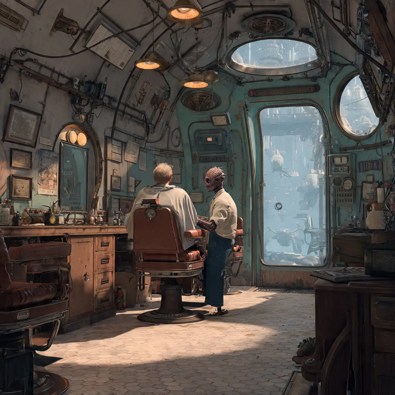 Old-fashioned corner barbershop inside a space station