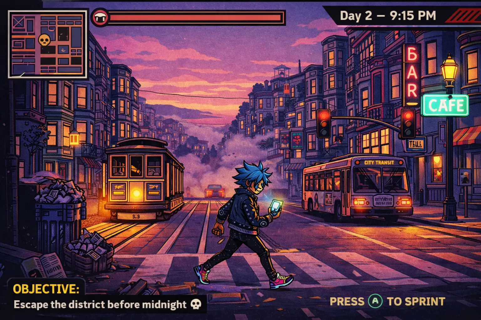 Open-World Comic-Style Urban City Game Scene at Dusk