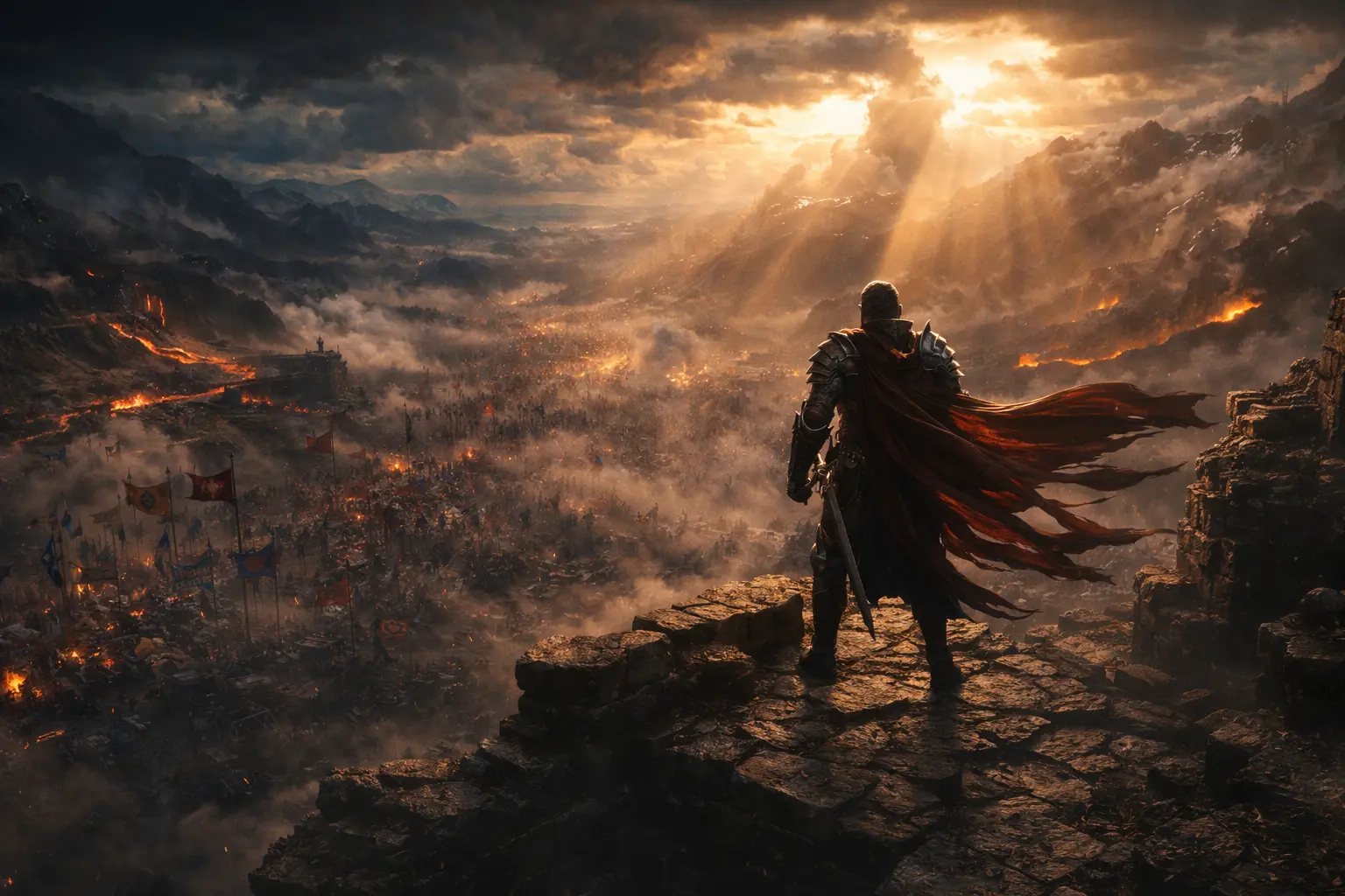 Lone Warrior Overlooking a Fantasy Battlefield