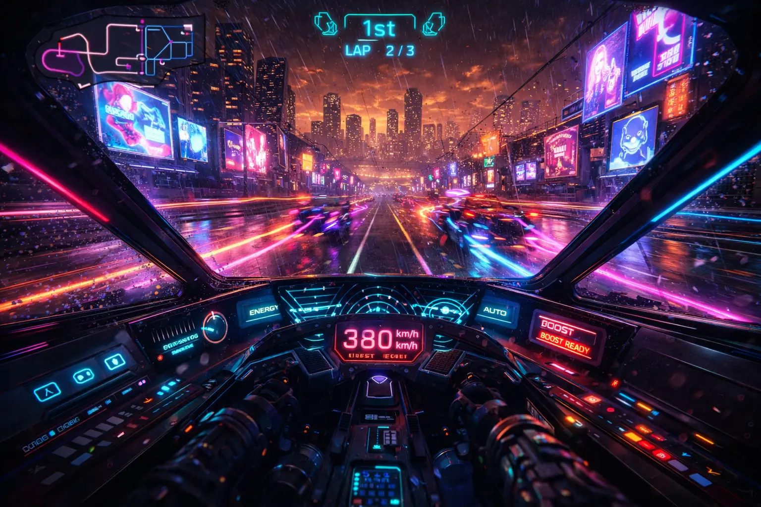 Cyberpunk Hover Racing Cockpit View on a Neon Night Highway