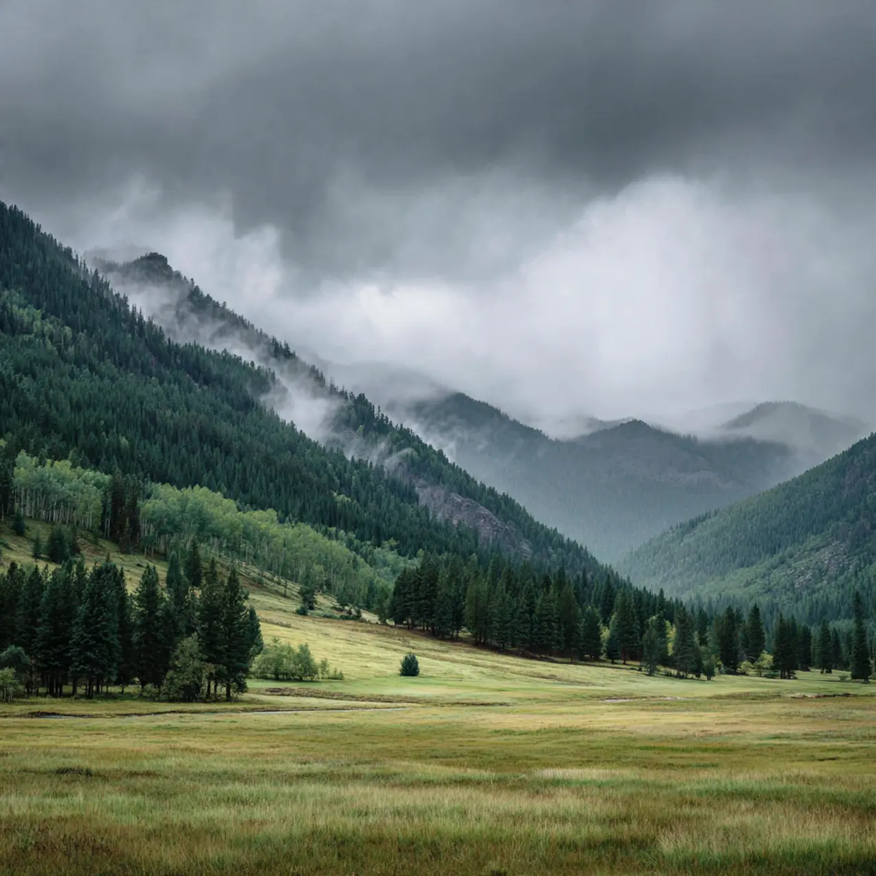 Storm-Shrouded Valley Below Dark Mountain Ridges