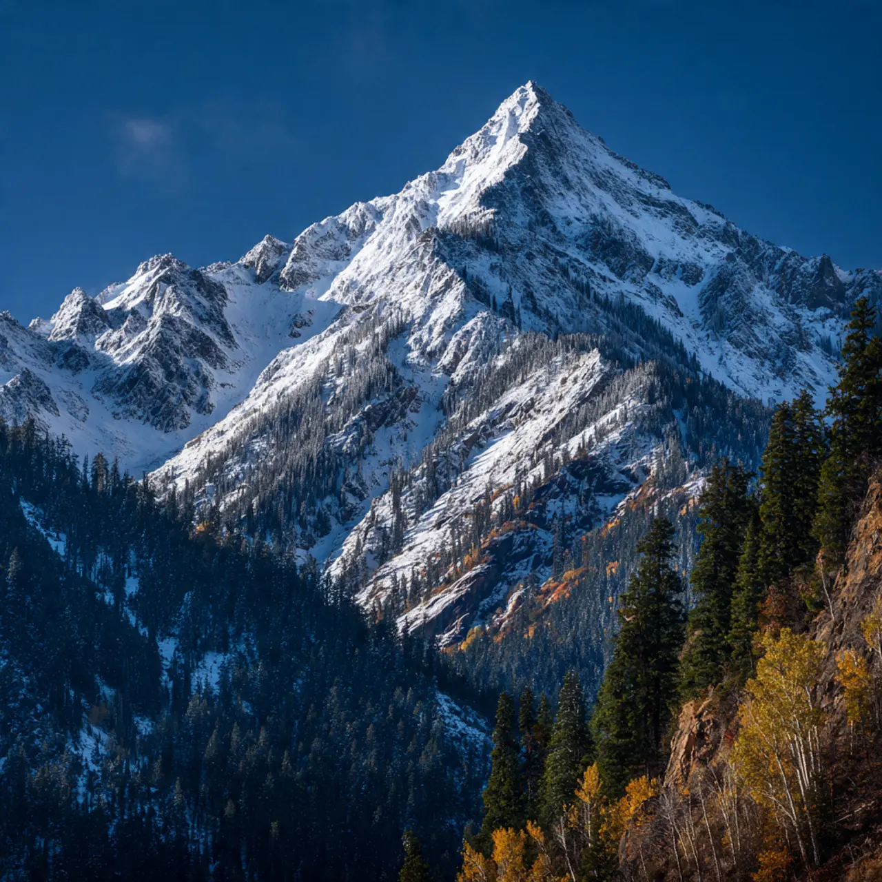 Snow-Capped Peak Rising Between Shadowed Forest Ridges