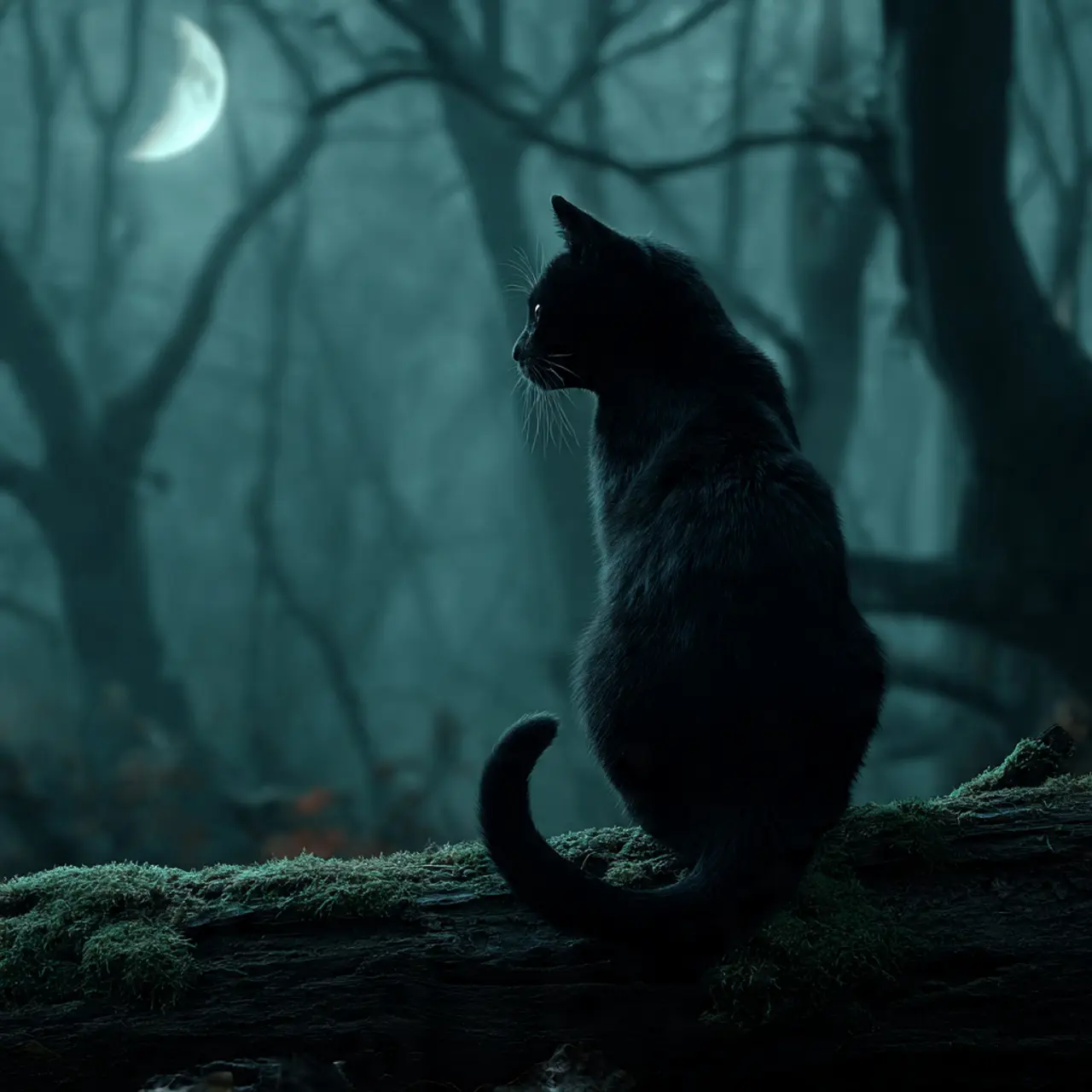 Black Cat on a Moonlit Mossy Log in a Foggy Forest