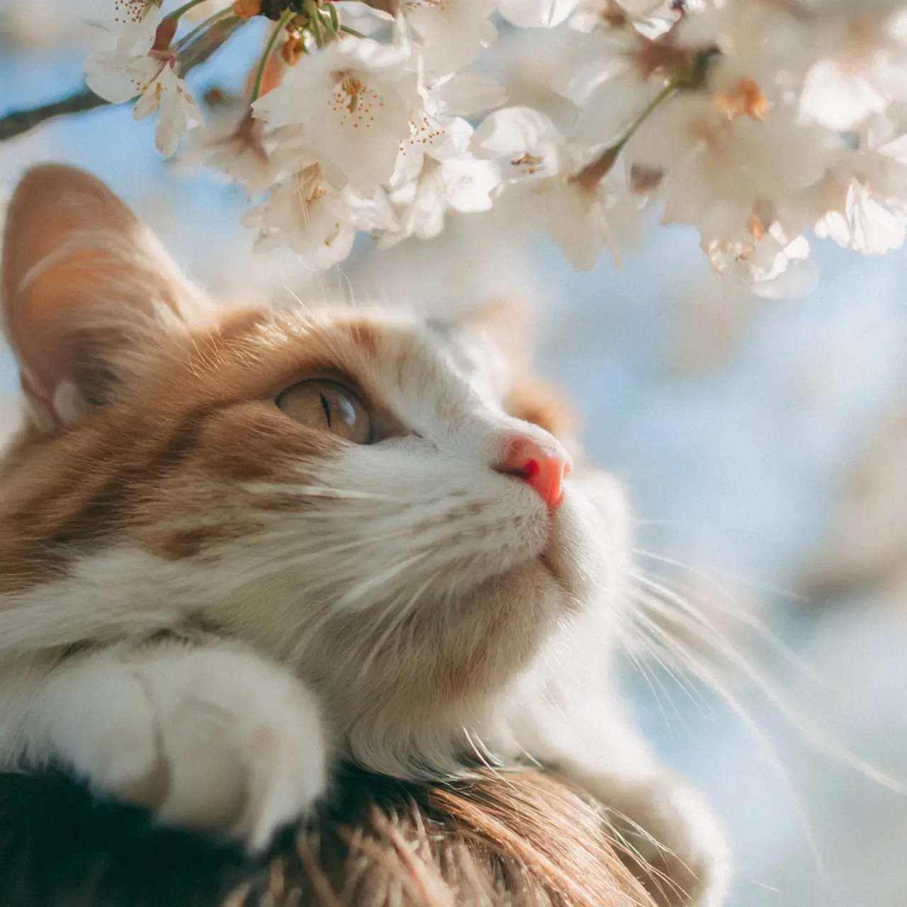 Bicolor Cat Perched on Owner's Head Under Cherry Blossoms