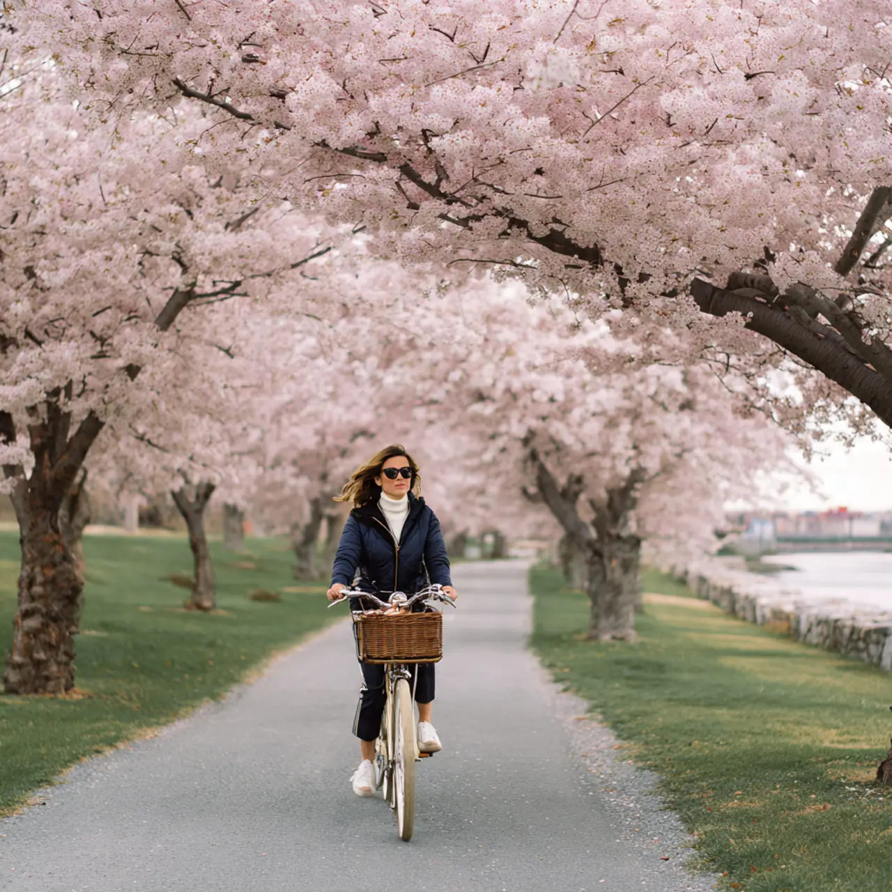 Cherry Blossom Cycling Path in Spring Japan