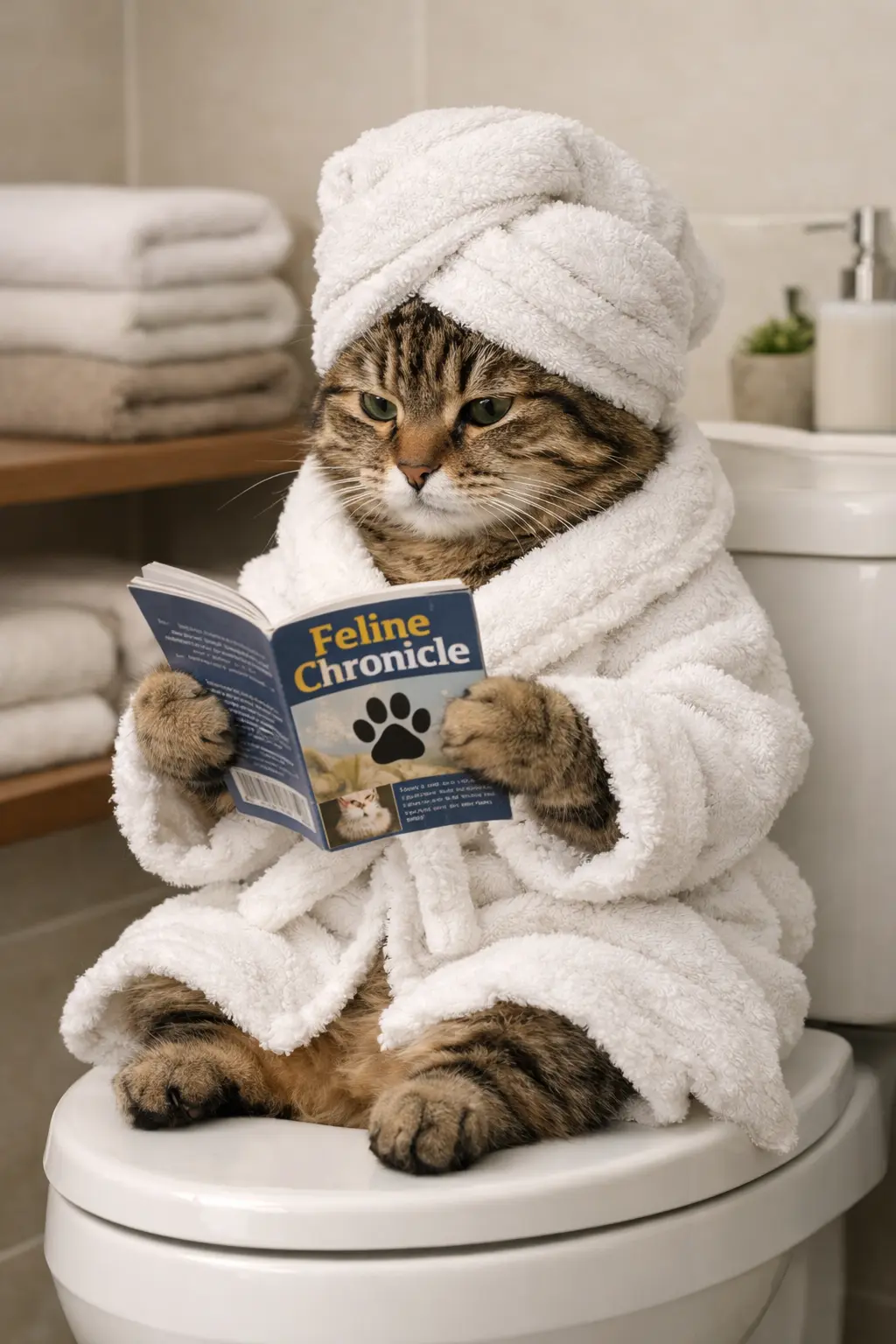 Cat reading in a cozy bathroom