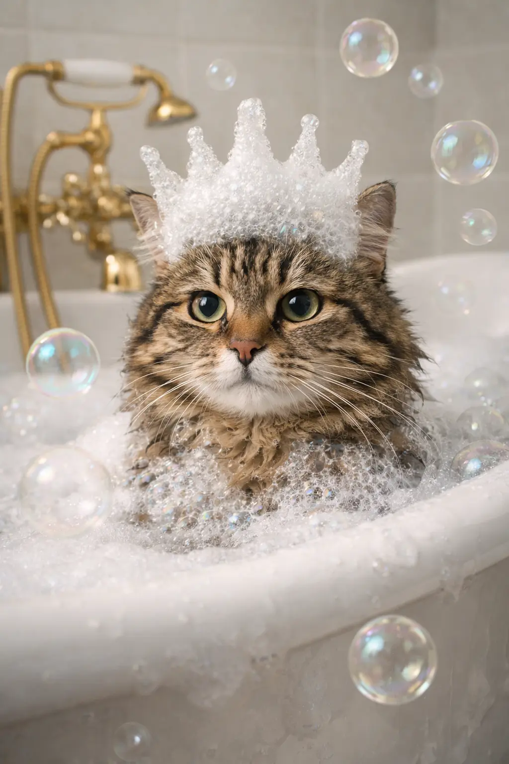 Royal feline in a bubble bath