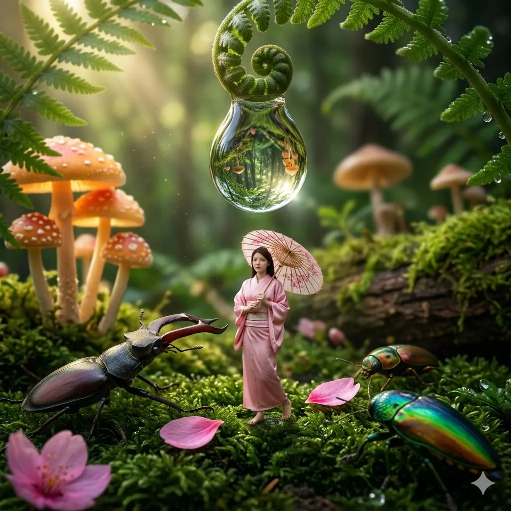 Tiny Woman in a Miniature Forest World