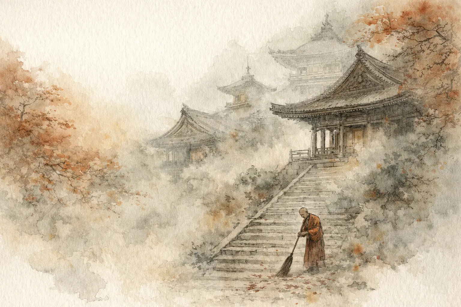 Autumn Temple in Morning Fog