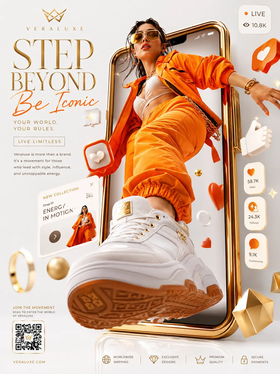 Step Beyond: Luxury Influencer Fashion Poster in Orange & Gold